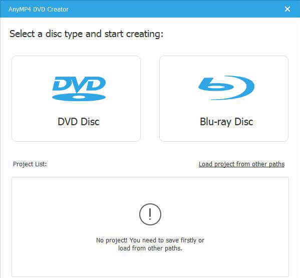 Select Type in DVD Creator