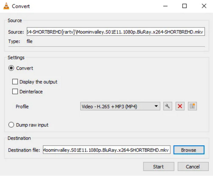 VLC Convert Save Profile Destination Start MPG to MP4