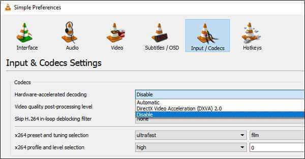 Toggle hardware acceleration on VLC