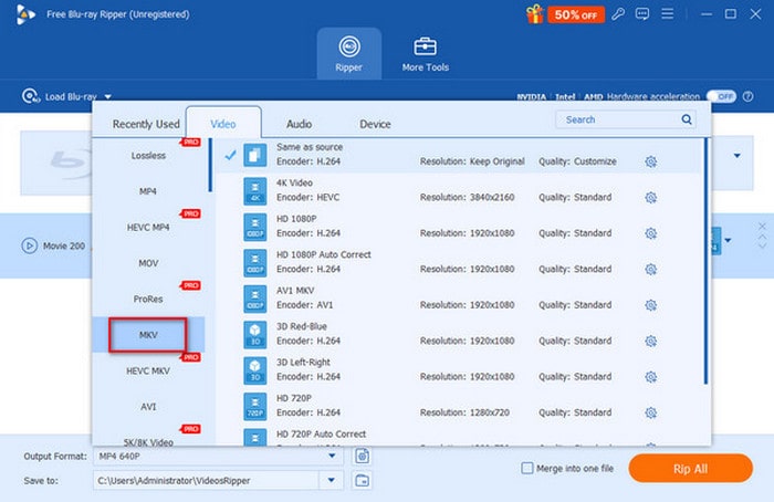 Sélectionnez le format MKV