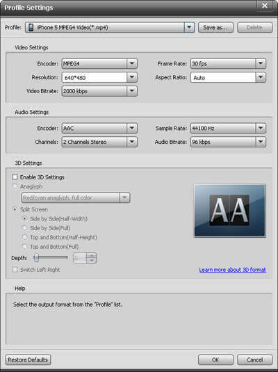 Output Settings iPhone