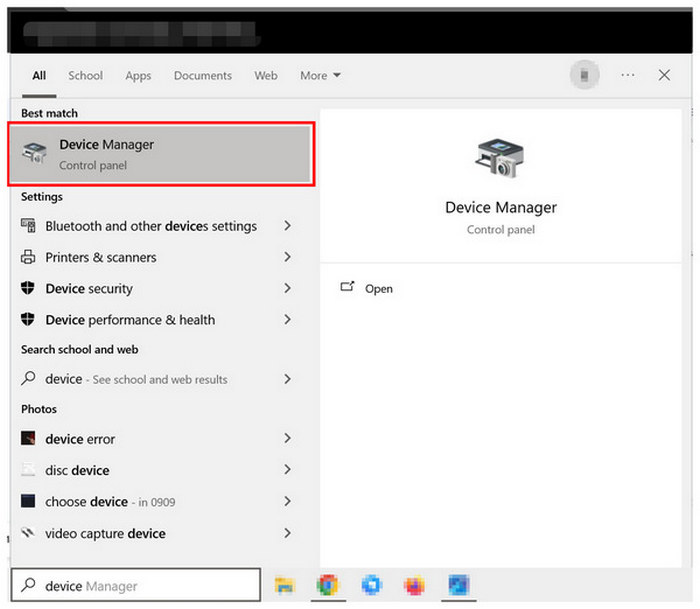 Recherche dans le Gestionnaire de périphériques
