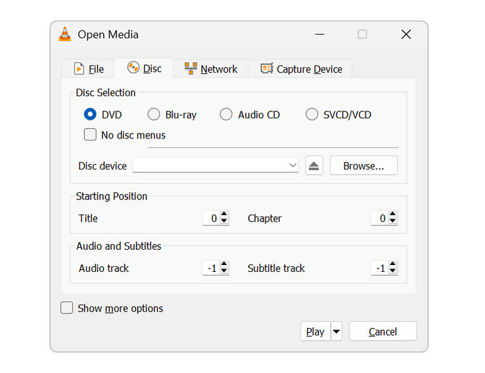 VLC Media Player Open Media DVD