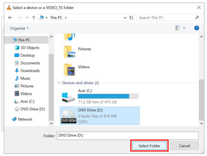 VLC Sélectionner un dossier