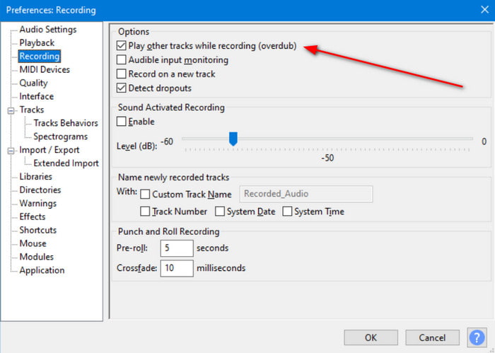 Preferencias de Audacity: marque la casilla de verificación