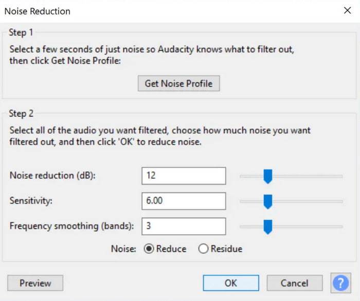 Wskazówki dotyczące profilu hałasu Audacity