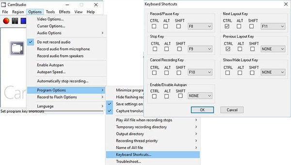 Comment modifier les raccourcis camstudio