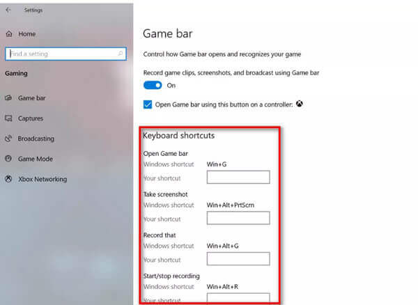 Configuración de teclas de acceso rápido de grabación de juegos Barra de juegos