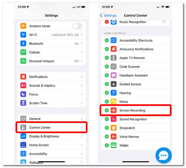 Gravação de tela do centro de controle de configuração do iOS