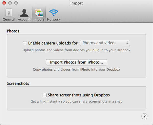 Importinnstillinger for Dropbox