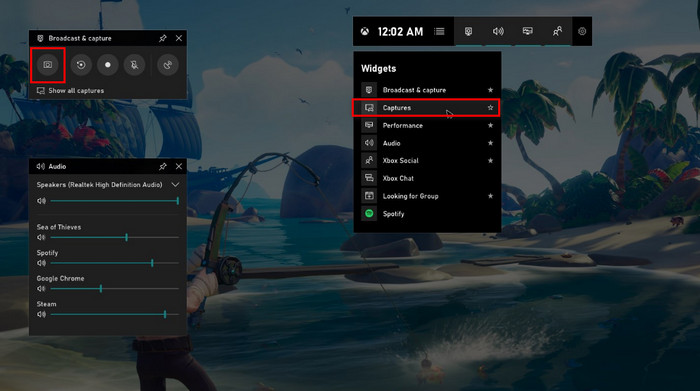 Snímek obrazovky herního panelu Windows 10