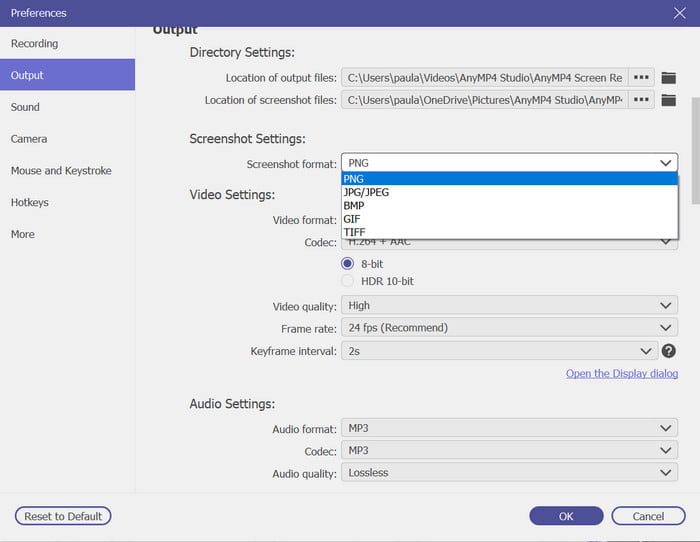 Schermrecorder Uitvoer Screenshot-formaat