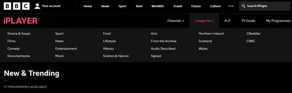 Interfaz de iPlayer de la BBC
