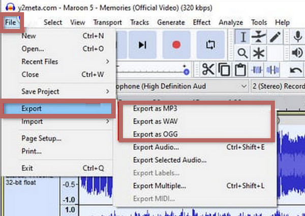 Audacity comprimeren exporteren