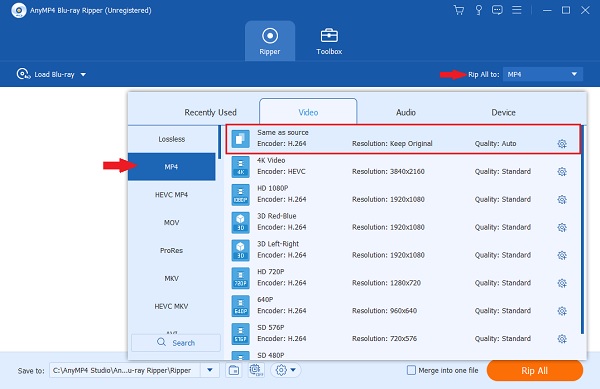 Choose MP4 H.264 Format