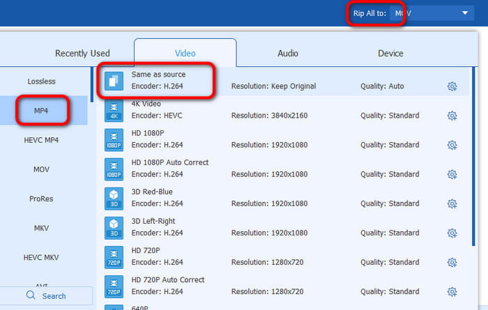 Format Option Choose H264