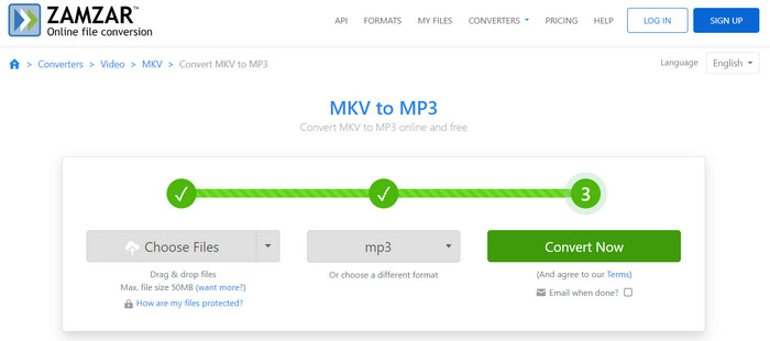 Zamzar Конвертировать MKV в MP3