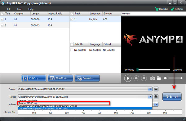 Copie de DVD AnyMP4 Enregistrer au format ISO