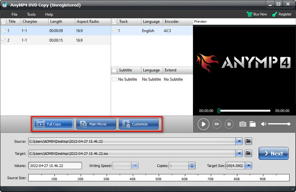 AnyMP4 DVD Copy Selecteer kopieermodus