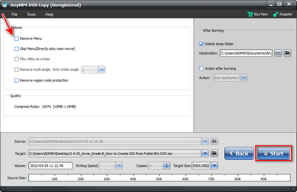 Copia de DVD AnyMP4 Guardar carpeta en ISO