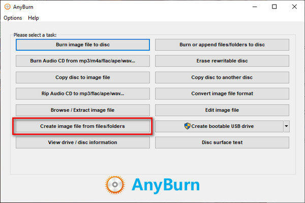 Seleccione Crear archivo de imagen AnyBurn