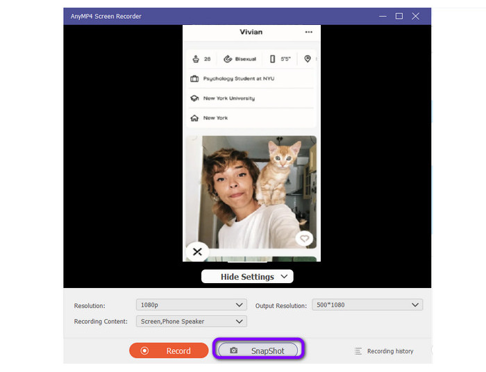 Napsauta Snapshot-vaihtoehtoa kaapataksesi