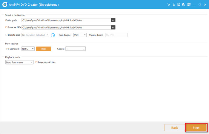 DVD Creator Burn Folder Path TV Standard Start