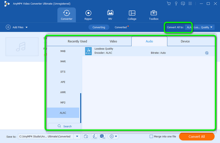 Seleziona il formato audio