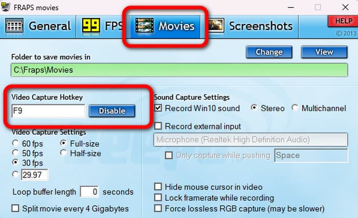 Touches de raccourci pour la capture vidéo de films