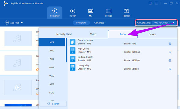 VCU Selezionare il formato audio