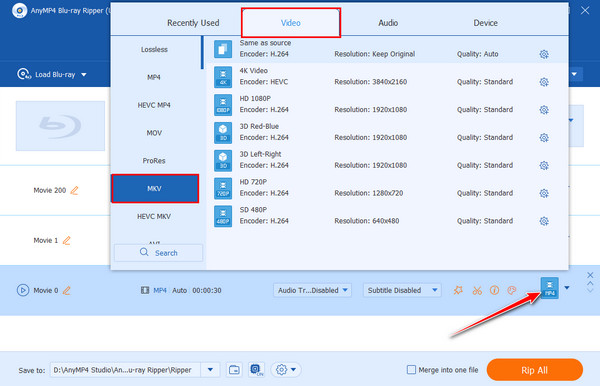 AnyMP4 Bluray Ripper Seleccionar formato de salida