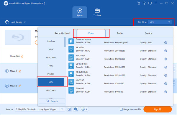 Выберите MKV AnyMP4 Bluray Ripper
