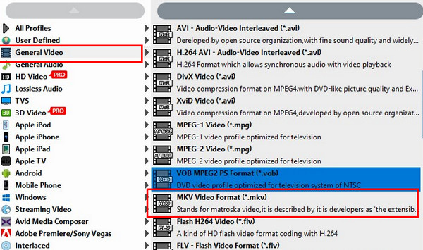 Sélectionnez MKV DVD Bluray