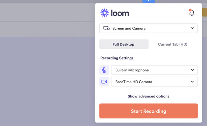 Loom Screen Recorder Начать запись