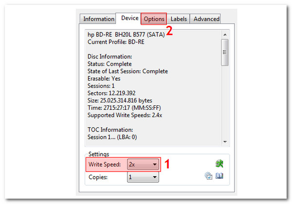 Imgburn Option Tab and Write Speed