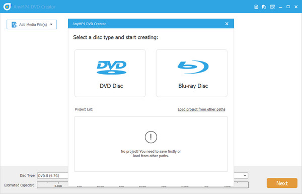 Interfaz del creador de DVD AnyMP4