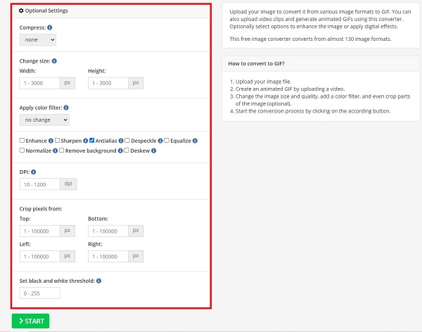 OnlineConvert tilleggsinnstillinger