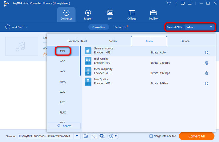 Sélectionnez le format de fichier audio