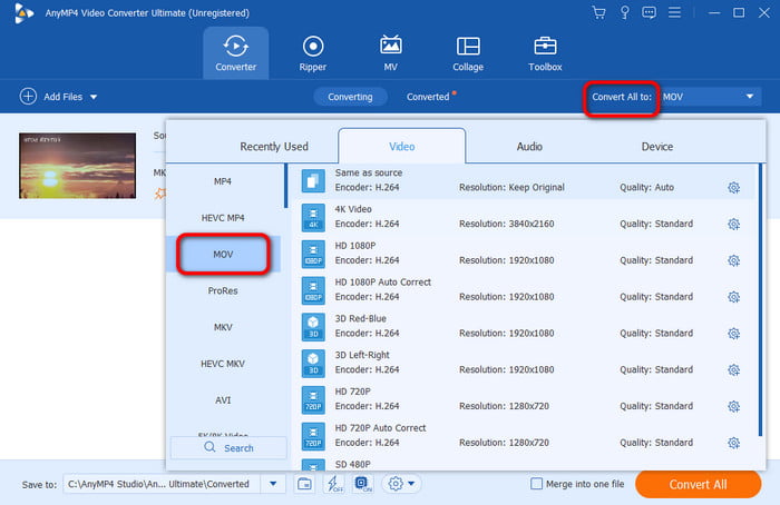 Sélectionnez le fichier Mov et la qualité