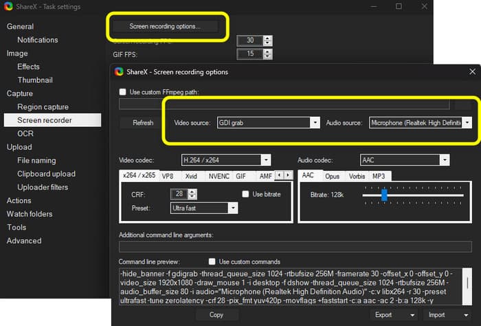 Option d'enregistrement d'écran