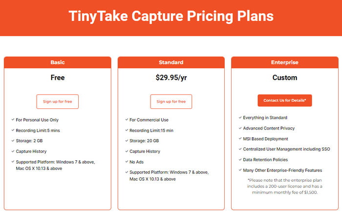 TinyTake 柔軟な価格設定