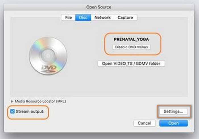 Ajustes de copia de DVD en VLC para Mac