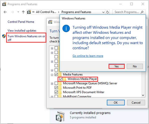 Turn Windows Features on off
