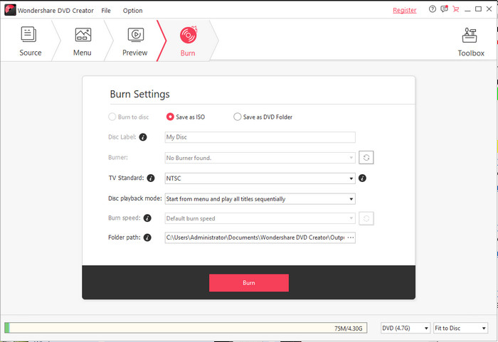 Forhåndsvisning og brænding