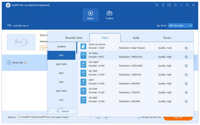 Ripovat Blu-ray Vyberte formát