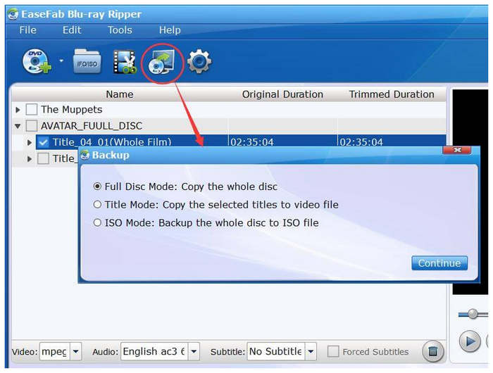 Easefab Blu Ray Ripper säkerhetskopieringslägen