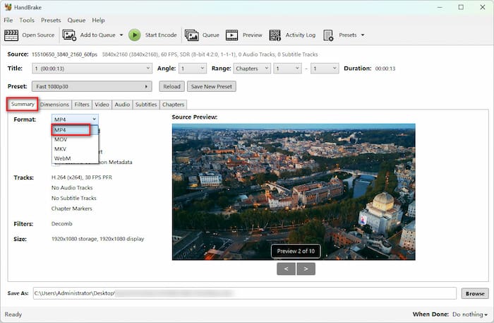 В программе Handbrake выберите формат Mp4 в качестве выходного файла.