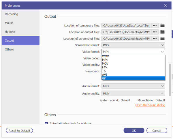 Imposta GIF come formato di output