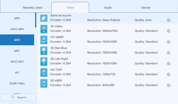 Choose MOV As Output Mac