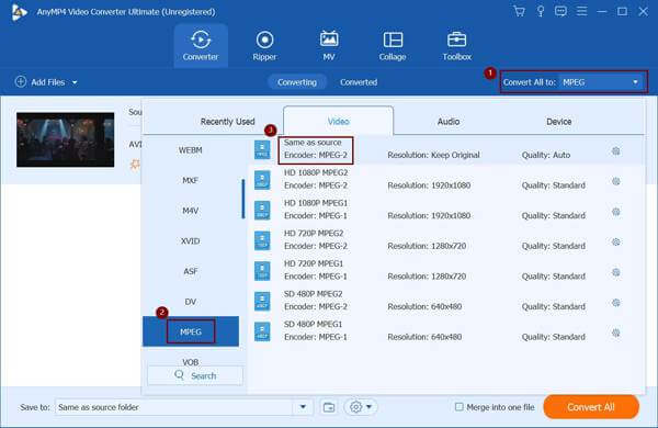 Choose MPEG-2 Format